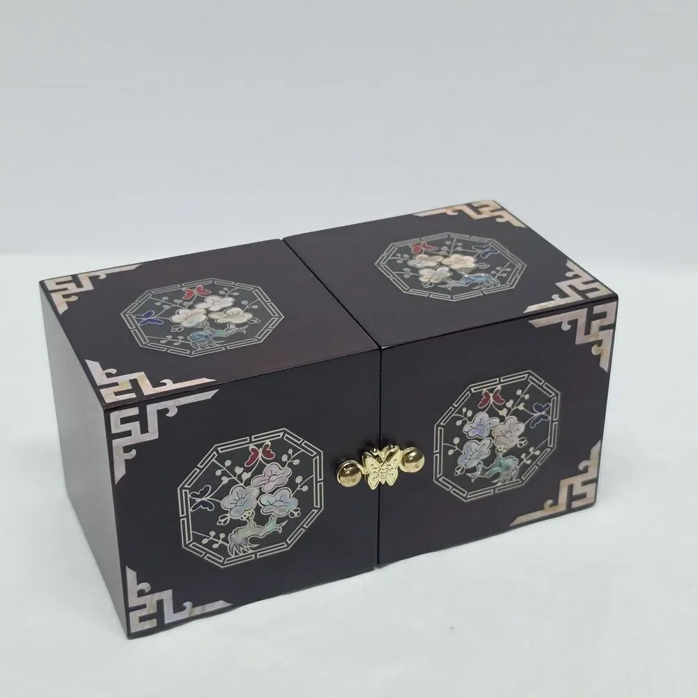Vintage Korean Traditional Mother Of Pearl Inlay Twin Cube Folding Jewelry Box